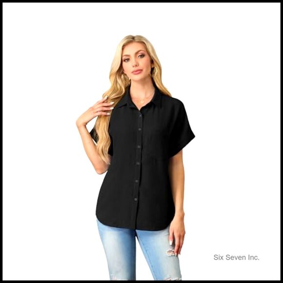 Short Sleeve Button Down Shirt V Neck Loose Fit Casual Top with Pocket - Picture 2 of 7